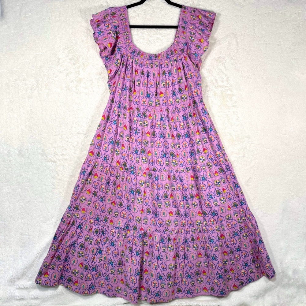 Uncle Frank Maxi Dress Women’s Large Pink Floral Cotton Tiered Pockets Bohemian